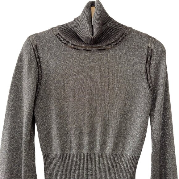 Kaily K Metallic Fleck Turtleneck Gray Ribbed Stretch Balloon Puff Sleeve Top - Picture 3 of 10